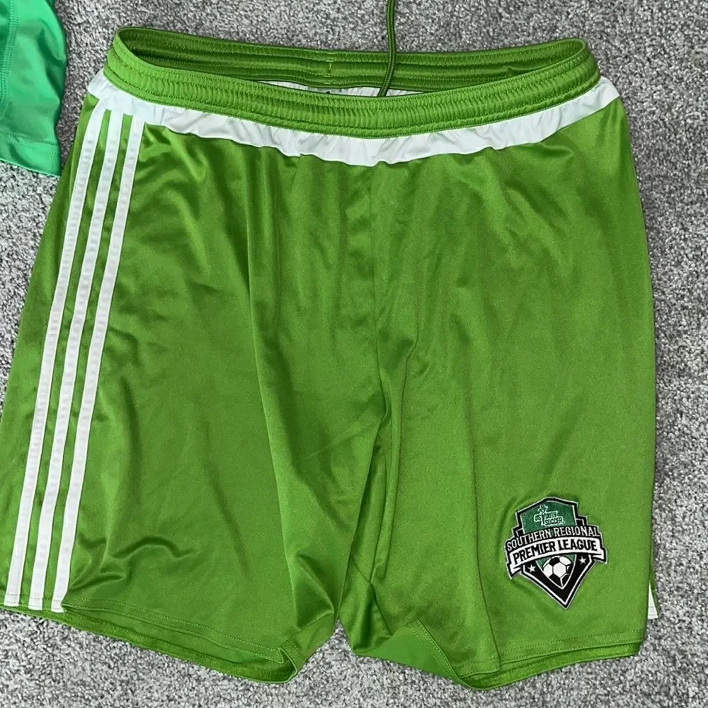 Two (2) Adidas Adizero yellow & green YUSL sewn shield soccer shorts- L